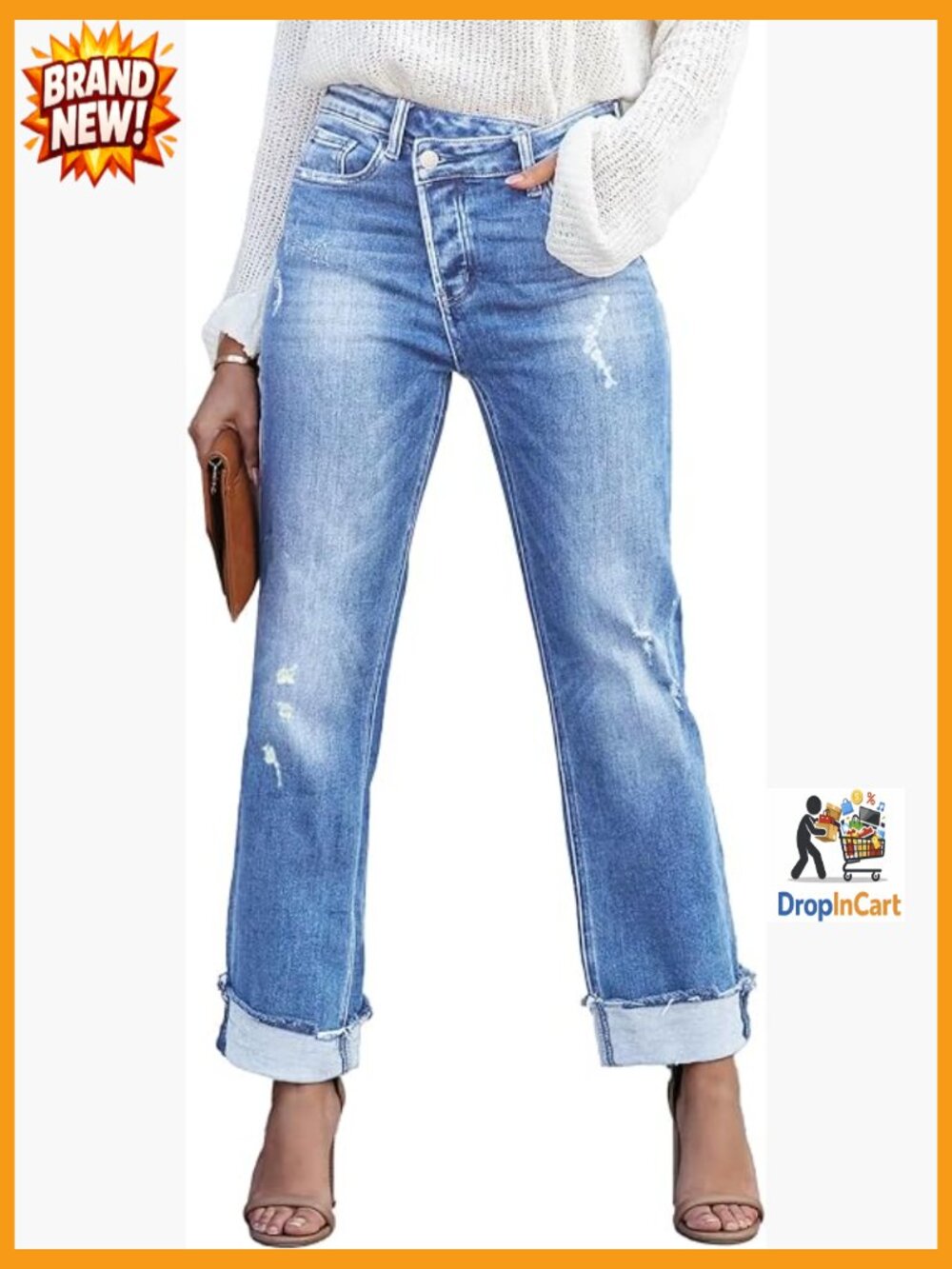 High Waisted Stretchy Denim Jeans with Flap Pockets Straight Leg Casual